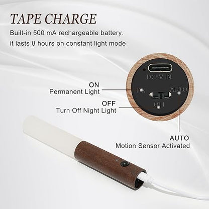 Glass Wood Motion Sensor LED Night Light, Motion Activated,Wall Lights Battery Operated,Rechargeable Wall Lights,Wireless Wall Light,Suitable For Corridors, Stairs, Bedrooms, Brown